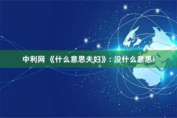中利网 《什么意思夫妇》: 没什么意思!